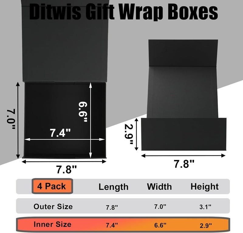 Ditwis 4 Pack 7.8x7x3.1 Inches Gift Boxes with Magnetic Closure Lids, Black Magnetic Box for Wedding, Groomsmen Bridesmaid Proposal, Birthdays, Mother's Day - Image 2